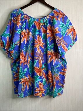 NWT Easel Women’s Plus Blue Tropical Floral Elastic Tie Neck Blouse 2X